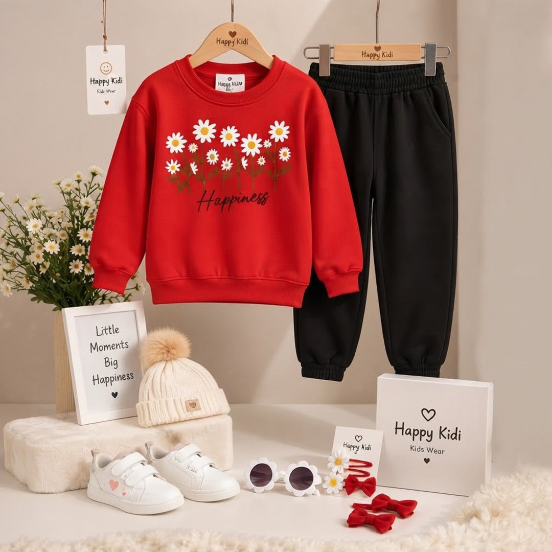 Girls Red Happiness Sweatshirt & Black Trouser 2-Piece Winter Set