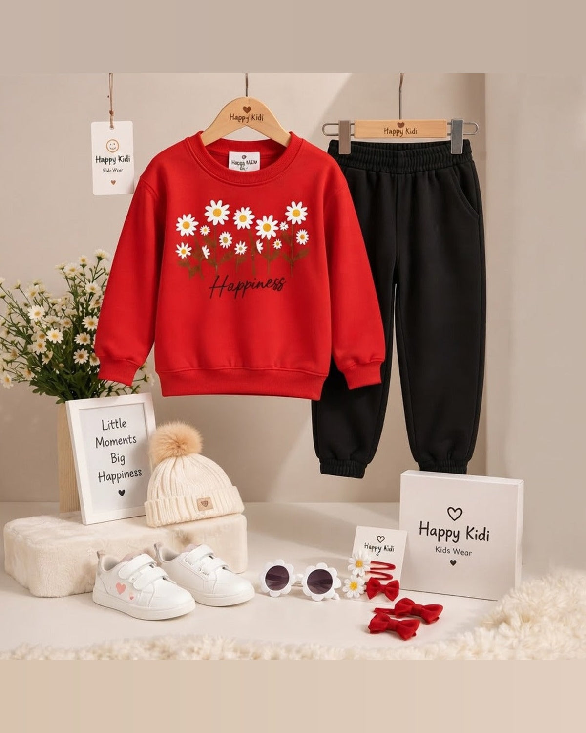 Girls Red Happiness Sweatshirt & Black Trouser 2-Piece Winter Set
