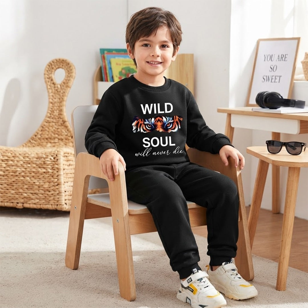 Boys’ Wild Soul Printed Sweatshirt & Jogger Set – Black Winter Outfit