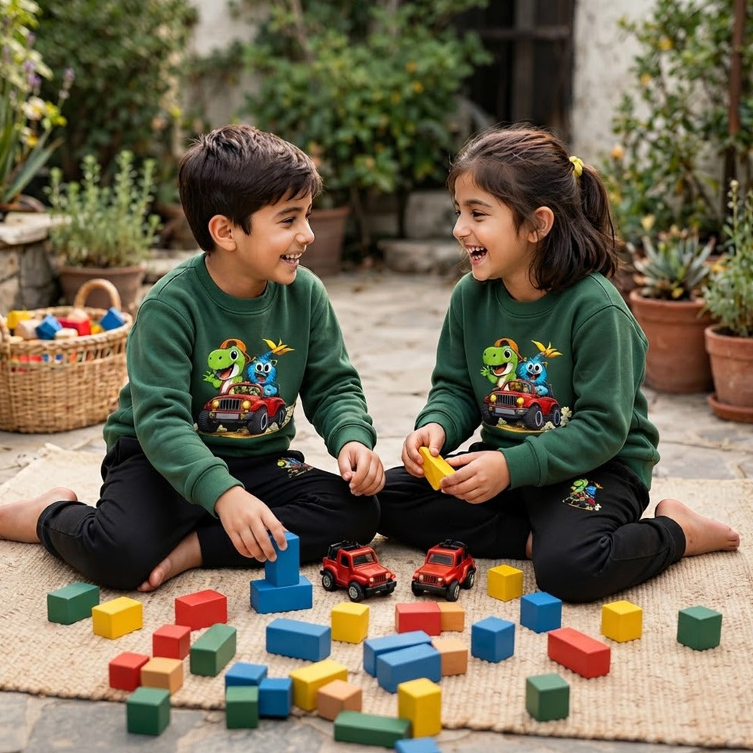 Boys' Dino & Monster Printed Sweatshirt & Trouser Set – Green & Black