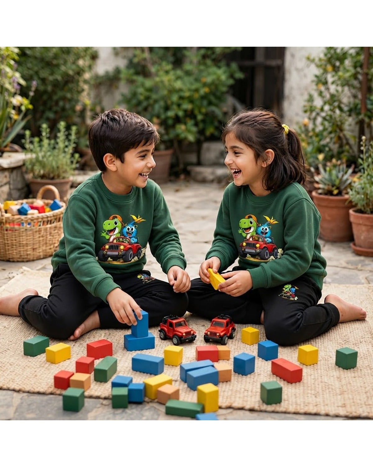 Boys' Dino & Monster Printed Sweatshirt & Trouser Set – Green & Black