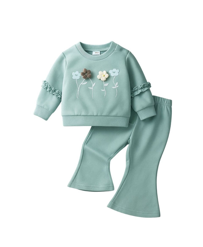 Girls Cotton Sweatshirt & Flared Pants Set – Floral Winter Outfit