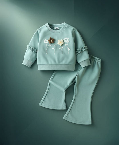Girls Cotton Sweatshirt & Flared Pants Set – Floral Winter Outfit