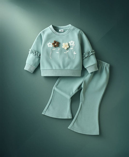 Girls Cotton Sweatshirt & Flared Pants Set – Floral Winter Outfit