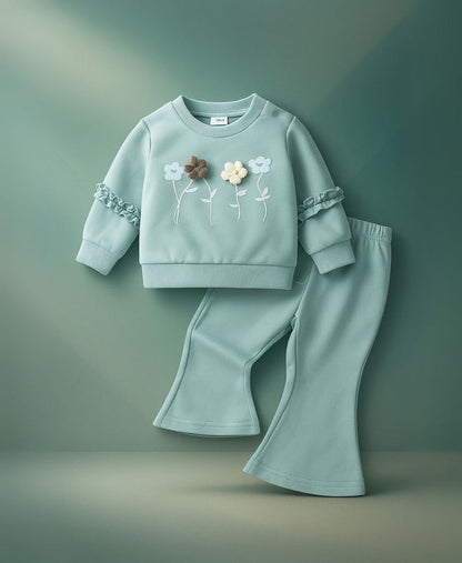 Girls Cotton Sweatshirt & Flared Pants Set – Floral Winter Outfit
