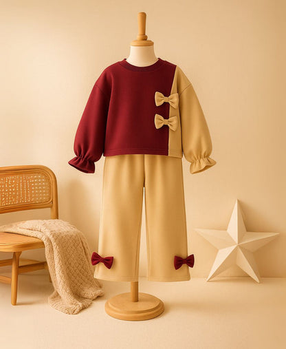 Girls Fleece Sweatshirt & Pants Set – Maroon Beige Bow Outfit