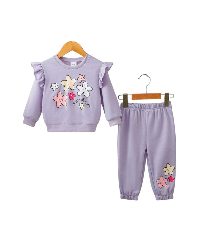 Girls Fleece Sweatshirt & Trouser Set – Lilac Flower Print