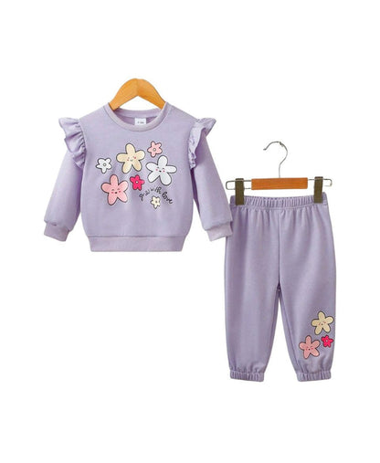 Girls Fleece Sweatshirt & Trouser Set – Lilac Flower Print