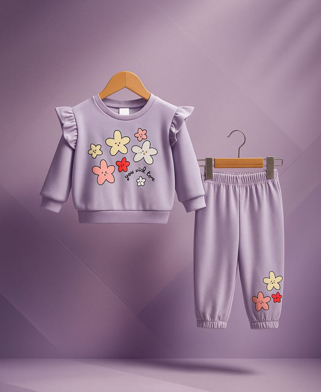 Girls Fleece Sweatshirt & Trouser Set – Lilac Flower Print