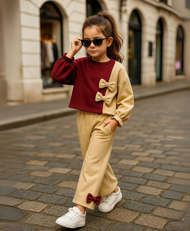 Girls Fleece Sweatshirt & Pants Set – Maroon Beige Bow Outfit