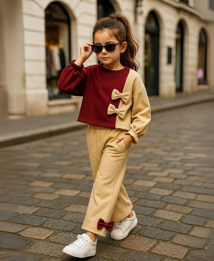 Girls Fleece Sweatshirt & Pants Set – Maroon Beige Bow Outfit