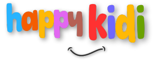 Colorful text 'happy kidi' with a smiley face on a white background
