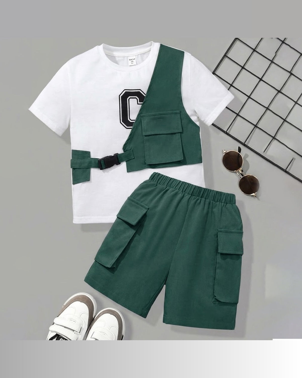 Green Cotton Cargo Shorts and Tee Set