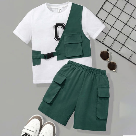 Green Cotton Cargo Shorts and Tee Set