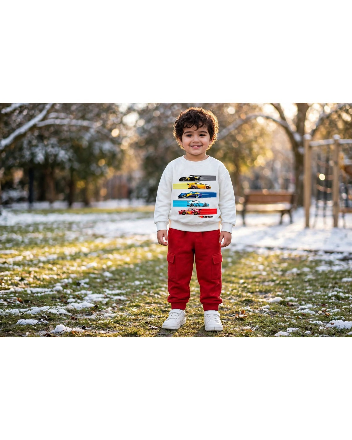 FASTER Winter Suit - White Sweatshirt with Red Cargo Trouser