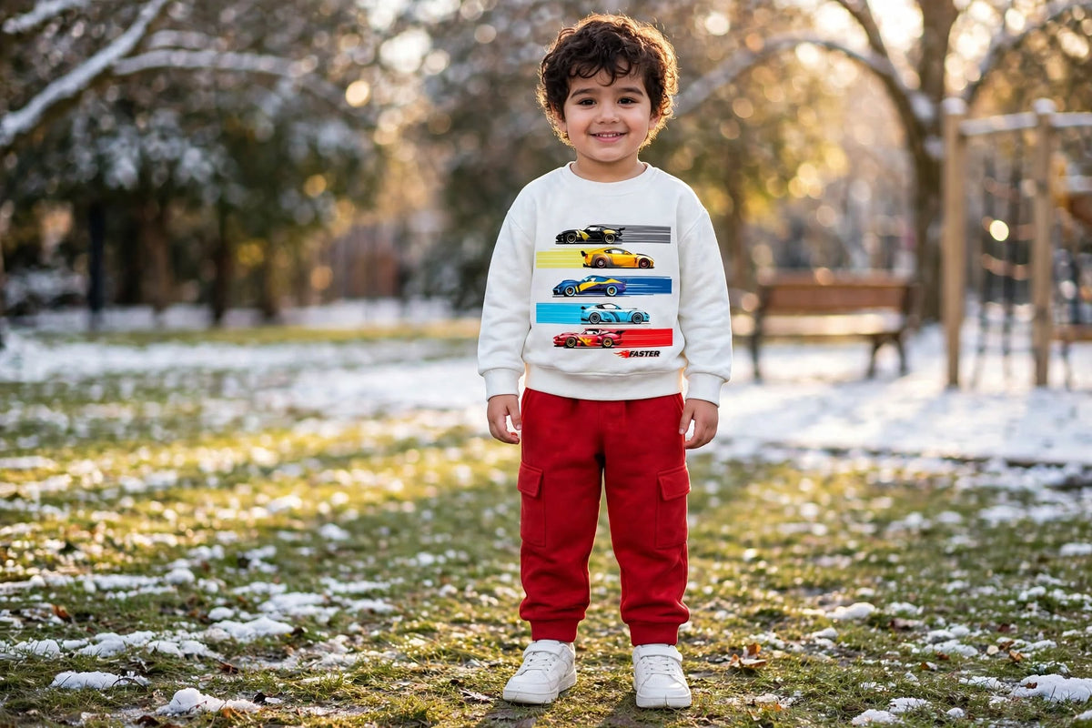 FASTER Winter Suit - White Sweatshirt with Red Cargo Trouser