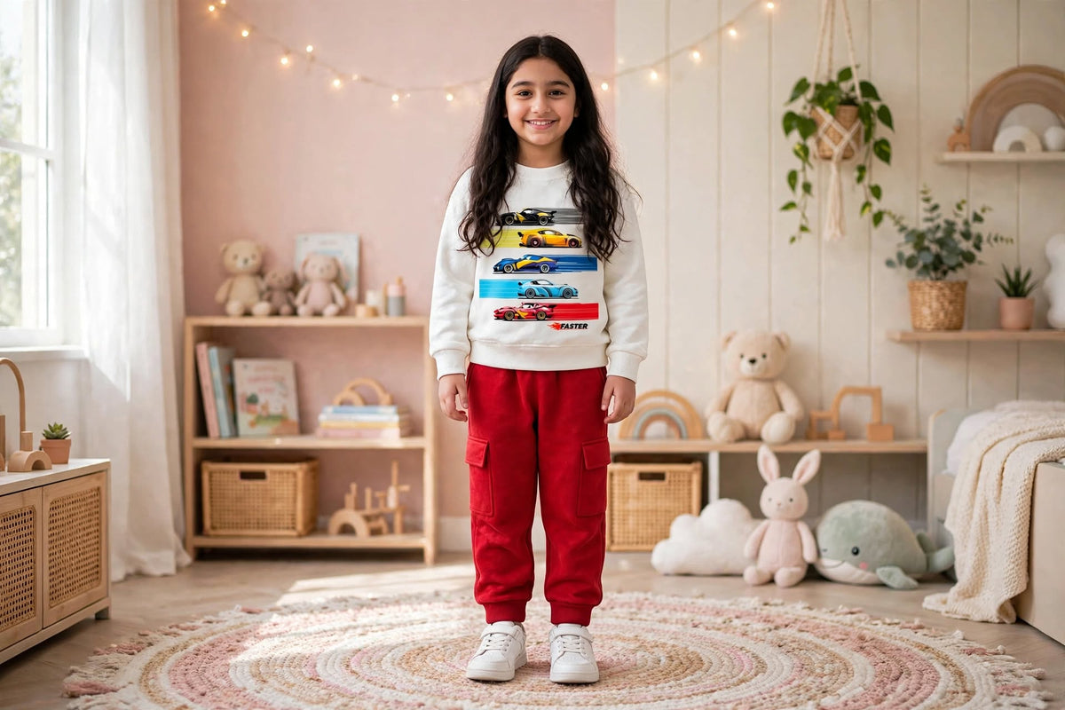 FASTER Winter Suit - White Sweatshirt with Red Cargo Trouser
