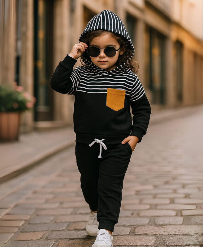 Unisex Cotton Hoodie & Trouser Set – Black Striped Winter Outfit