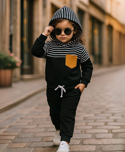 Unisex Cotton Hoodie & Trouser Set – Black Striped Winter Outfit