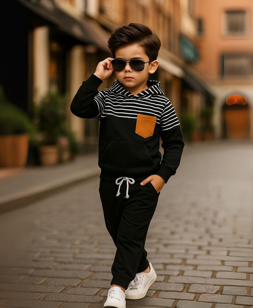 Unisex Cotton Hoodie & Trouser Set – Black Striped Winter Outfit