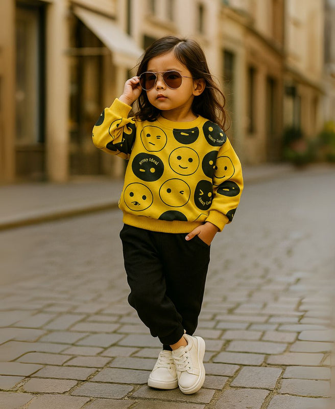 Unisex Fleece Sweatshirt & Pants Set – Emoji Print Winter Outfit