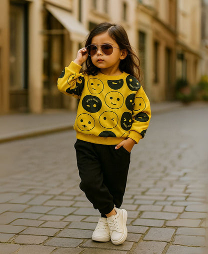 Unisex Fleece Sweatshirt & Pants Set – Emoji Print Winter Outfit