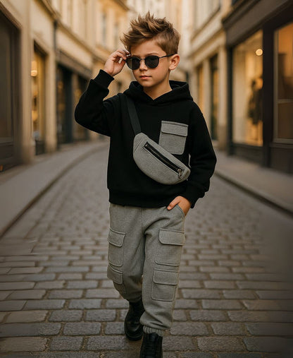 Unisex Kids Fleece Hoodie & Trouser Set – Black & Grey