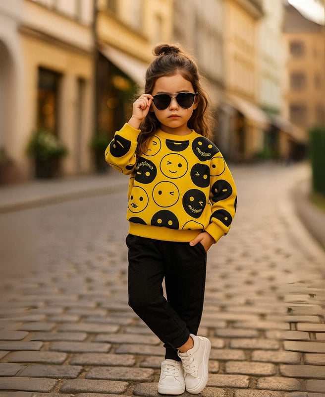 Unisex Fleece Sweatshirt & Pants Set – Emoji Print Winter Outfit