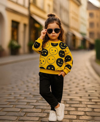 Unisex Fleece Sweatshirt & Pants Set – Emoji Print Winter Outfit