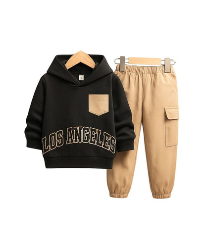 Unisex Kids Fleece Hoodie & Trouser Set – Black & Beige “Los Angeles” Outfit