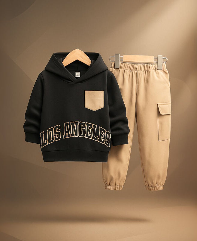 Unisex Kids Fleece Hoodie & Trouser Set – Black & Beige “Los Angeles” Outfit