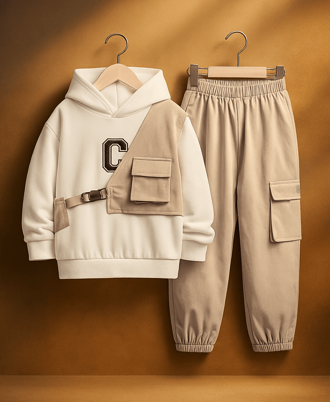 Unisex Kids Fleece Hoodie & Trouser Set – Matte Beige Winter Outfit