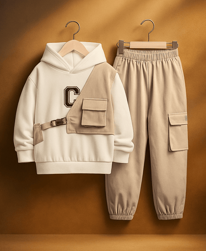 Unisex Kids Fleece Hoodie & Trouser Set – Matte Beige Winter Outfit