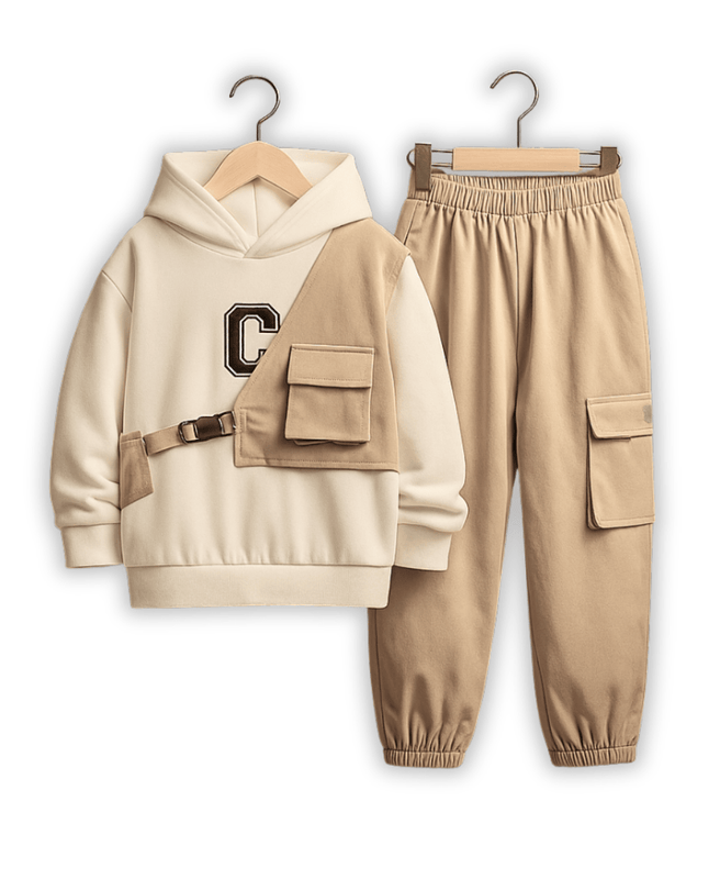 Unisex Kids Fleece Hoodie & Trouser Set – Matte Beige Winter Outfit