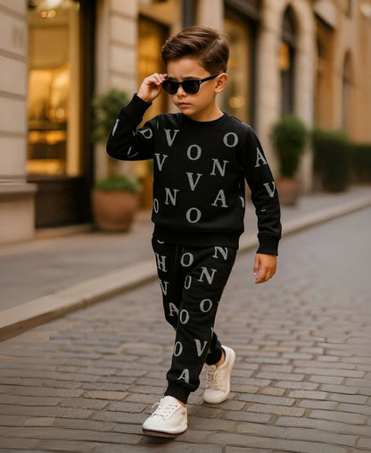 Unisex Fleece Sweatshirt & Trouser Set – Letter Print Winter Outfit