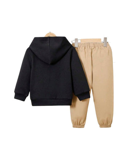 Unisex Kids Fleece Hoodie & Trouser Set – Black & Beige “Los Angeles” Outfit