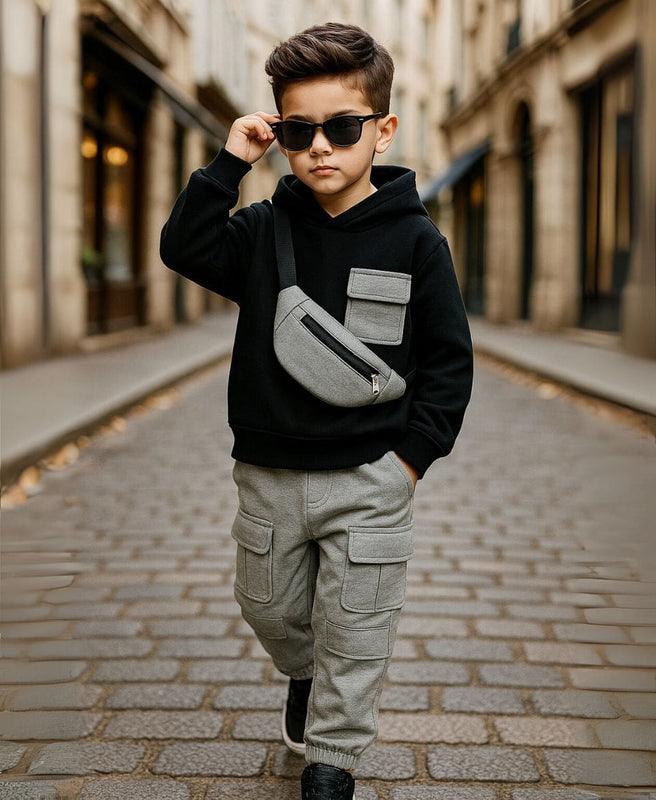 Unisex Kids Fleece Hoodie & Trouser Set – Black & Grey