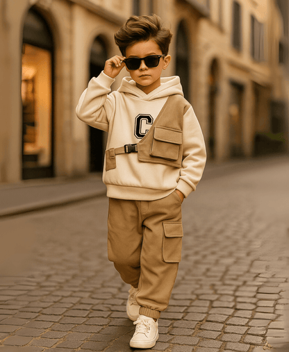Unisex Kids Fleece Hoodie & Trouser Set – Matte Beige Winter Outfit