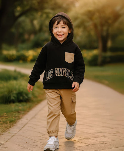Unisex Kids Fleece Hoodie & Trouser Set – Black & Beige “Los Angeles” Outfit