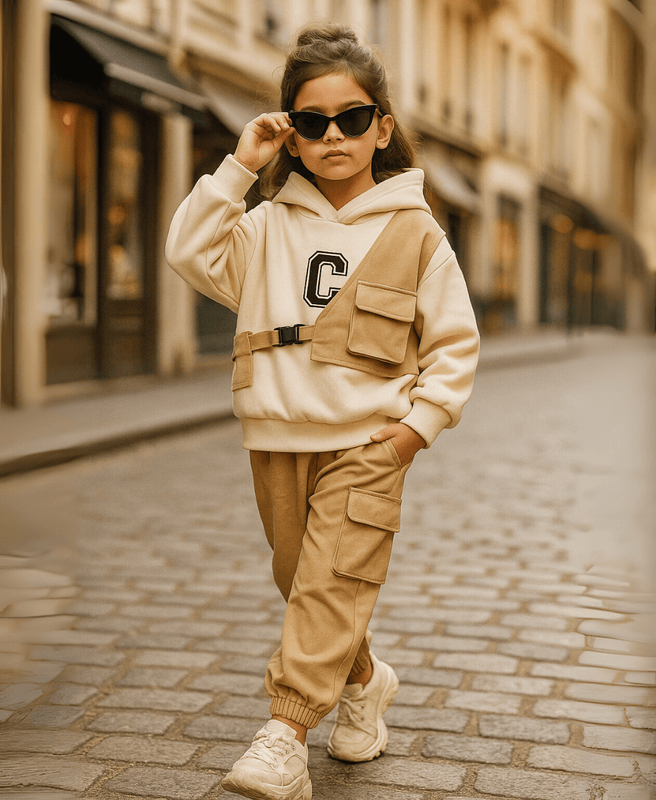 Unisex Kids Fleece Hoodie & Trouser Set – Matte Beige Winter Outfit