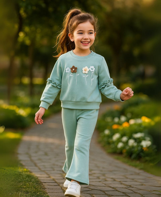 Girls Cotton Sweatshirt & Flared Pants Set – Floral Winter Outfit