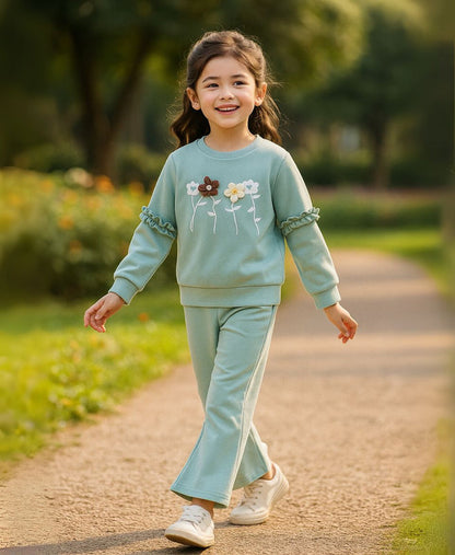 Girls Cotton Sweatshirt & Flared Pants Set – Floral Winter Outfit