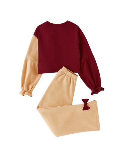 Girls Fleece Sweatshirt & Pants Set – Maroon Beige Bow Outfit