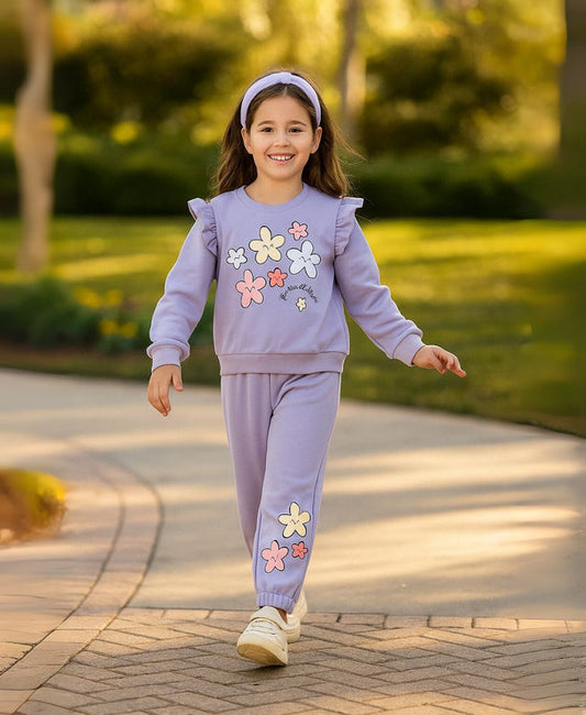 Girls Fleece Sweatshirt & Trouser Set – Lilac Flower Print