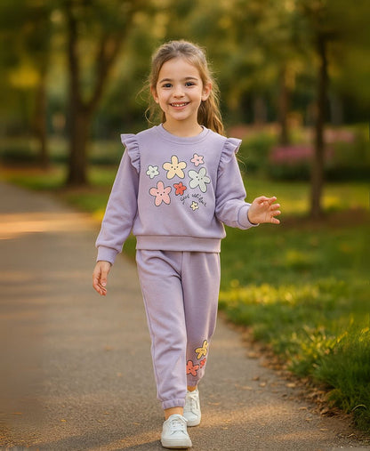 Girls Fleece Sweatshirt & Trouser Set – Lilac Flower Print