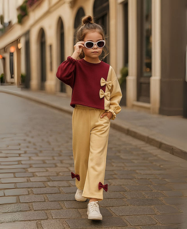 Girls Fleece Sweatshirt & Pants Set – Maroon Beige Bow Outfit
