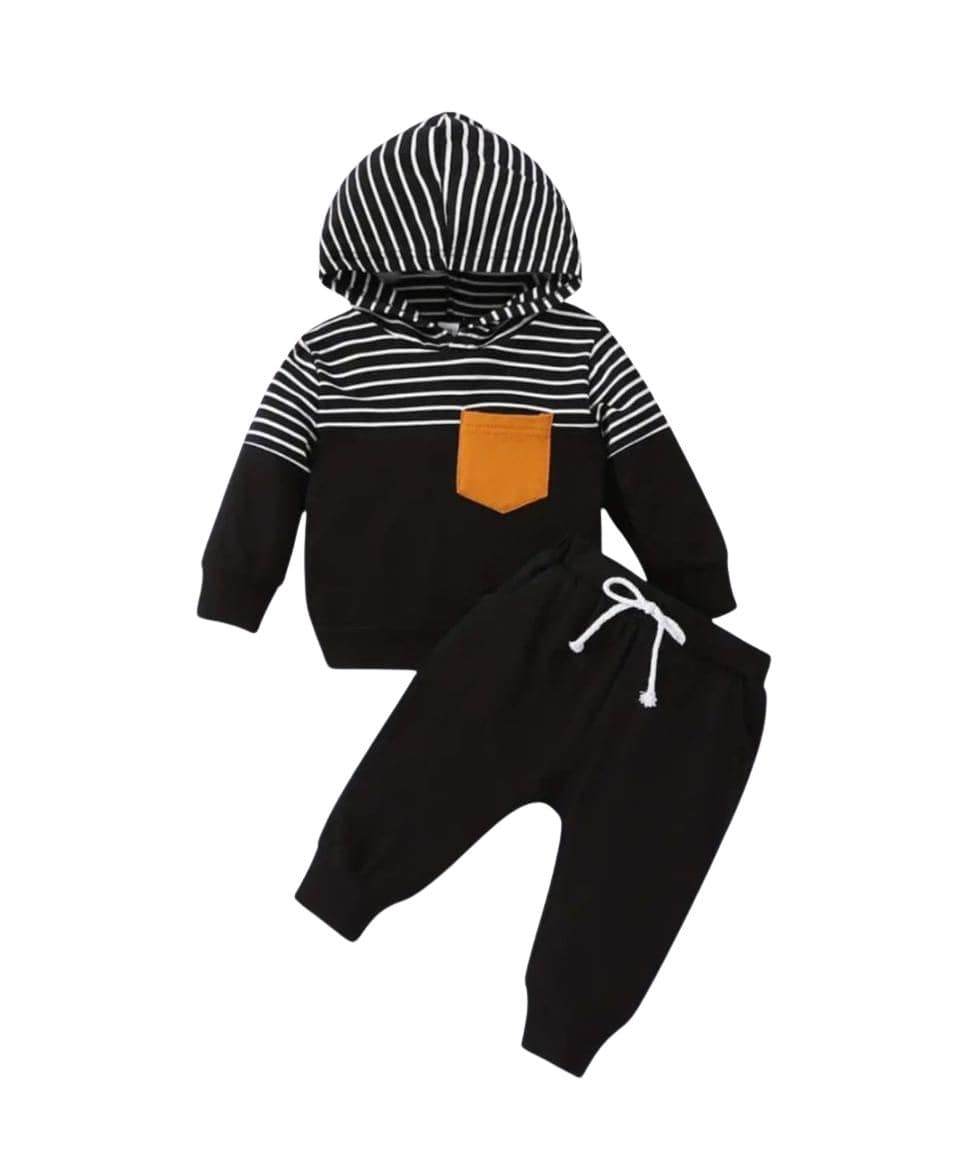 Unisex Cotton Hoodie & Trouser Set – Black Striped Winter Outfit
