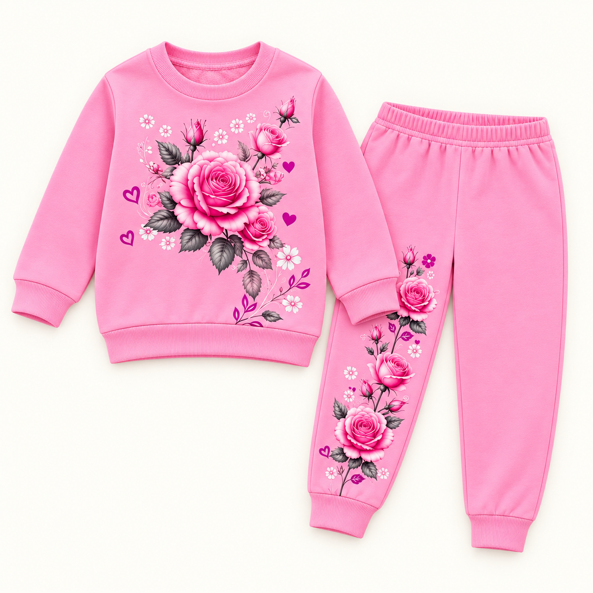 AI-styled catalogue view of Happy Kidi pink rose-print sweatshirt and jogger set.