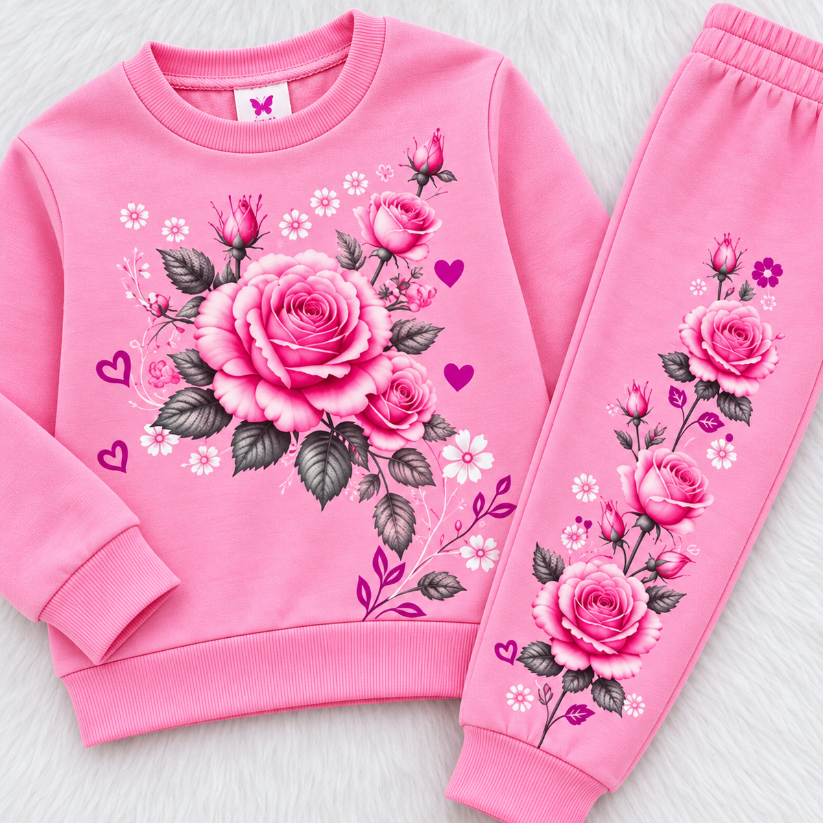AI-styled detail view of pink rose-print sweatshirt and trouser artwork.