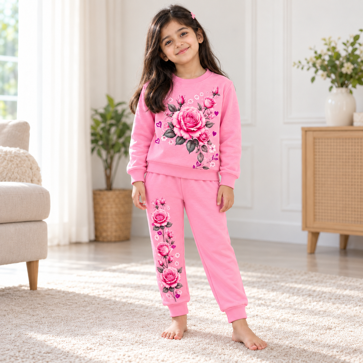 AI-styled model wearing the pink rose-print sweatshirt and jogger set.